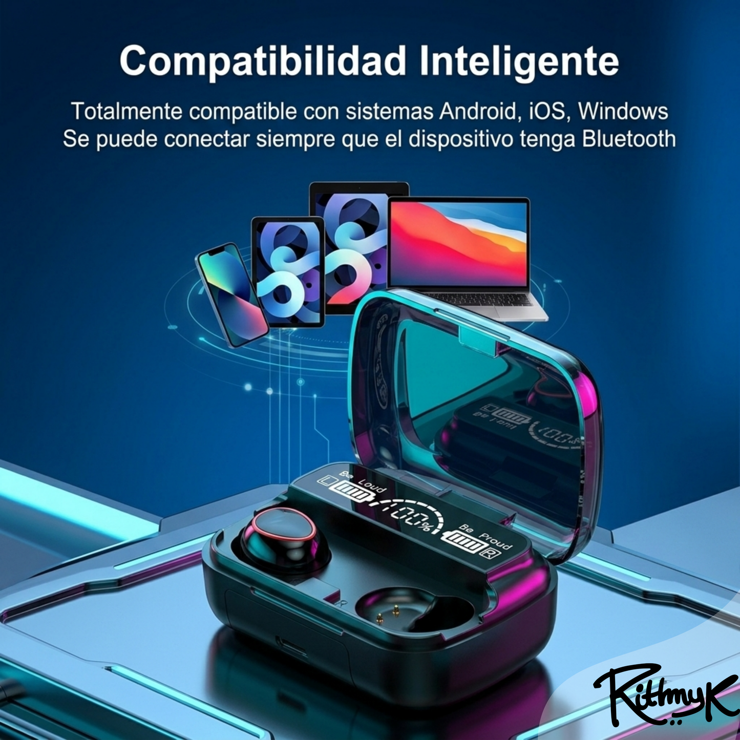 Audífonos M10 de Rithmyk con compatibilidad inteligente para Android, iOS y Windows. Conexión fácil. 