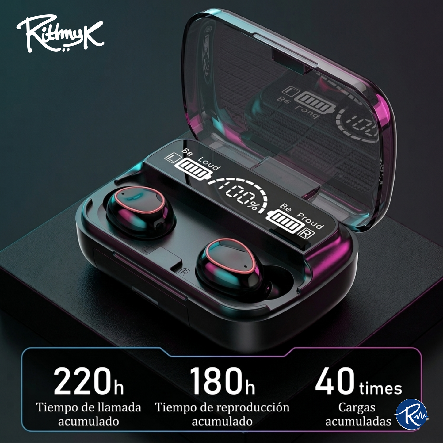 Audífonos M10 de Rithmyk en estuche. Hasta 220h de llamadas y 40 cargas. Calidad y confianza garantizadas.