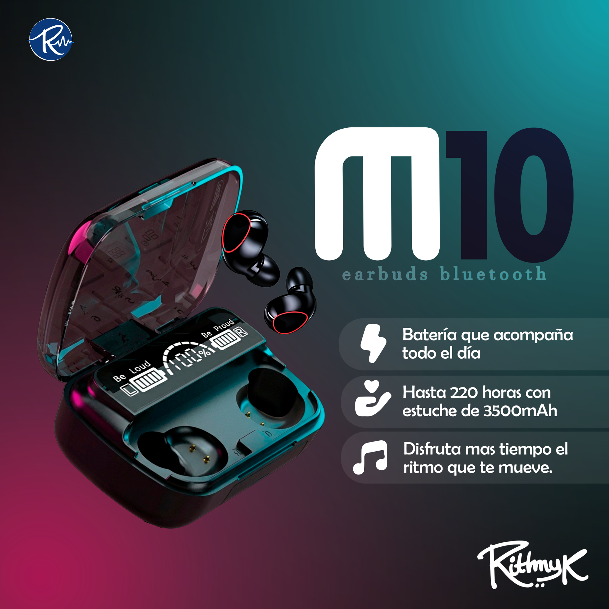 Audífonos M10 de Rithmyk con estuche de 3500mAh. estuche abierto con difertnetes colores -Hasta 220 horas de batería para tu música favorita.
