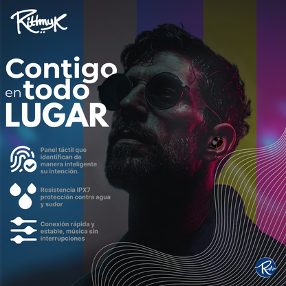 Audífonos M10 de Rithmyk con panel táctil y resistencia IPX7 para deporte y sudor. Calidad y estilo.