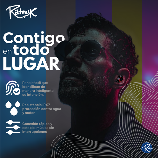 Audífonos M10 de Rithmyk con panel táctil y resistencia IPX7 para deporte y sudor. Calidad y estilo.